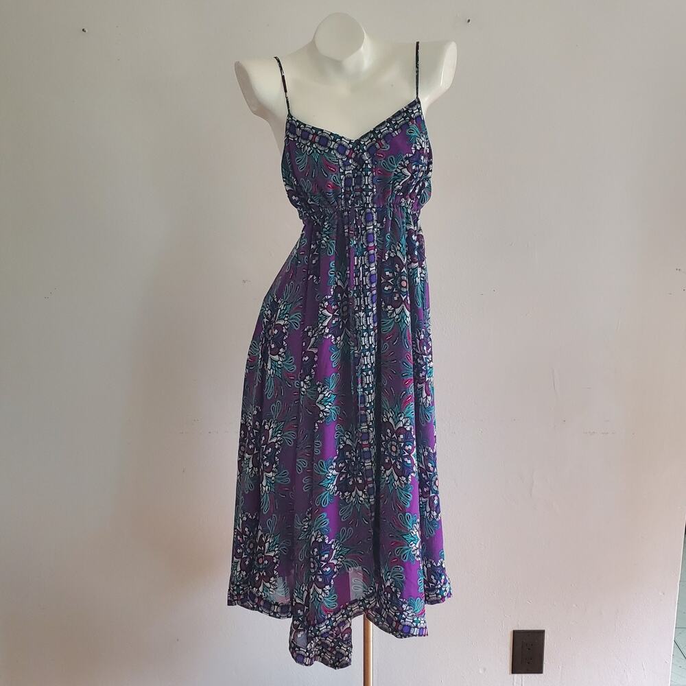 Nicole Miller Printed Empire Waist Hanki Hem Midi Dress Drawstring Empire Waist